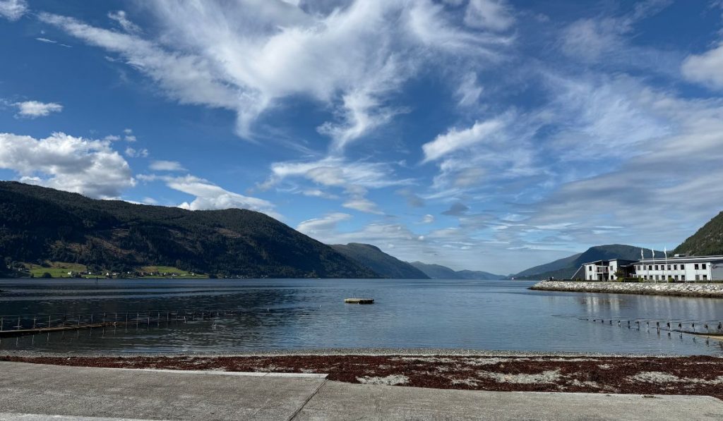 Blick von Nordfjordeid in Norwegen in den Nordfjord mit Bergen und Wolkenhimmel.