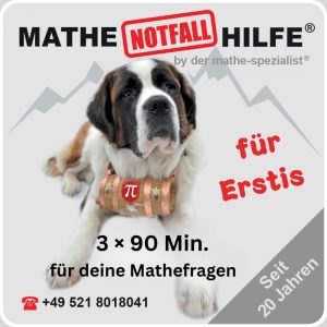 Bernhardiner mit Mathe-Fass als Symbol der MATHE-NOTFALL-HILFE® für Erstis – Mathe-Training für Studierende an Uni, FH und privater Hochschule, online oder in Bielefeld