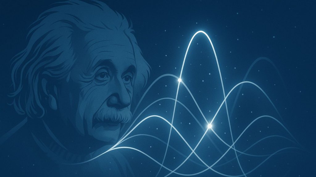 Illustration mit Albert Einstein und stilisierten Wellen – Symbolbild für Quantenphysik und den Nobelpreis Physik 2025