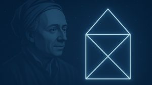 Leonhard Euler vor einem leuchtenden Haus vom Nikolaus – moderne Illustration in Blau, inspiriert von der mathematischen Idee hinter dem Linienzug.