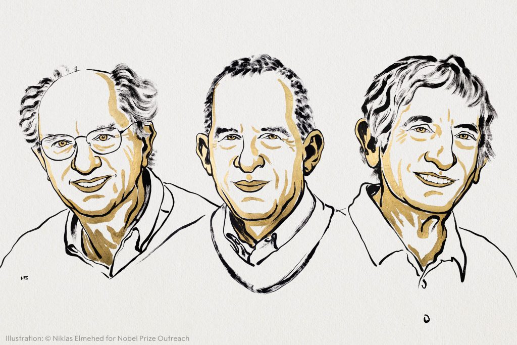 Illustration der Nobelpreisträger Physik 2025: John Clarke, Michel H. Devoret und John M. Martinis – © Niklas Elmehed / Nobel Prize Outreach AB 2025