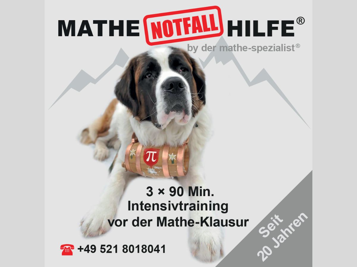 Bernhardiner mit Schild Mathe-Notfall-Hilfe – Intensivtraining vor der Mathe-Klausur