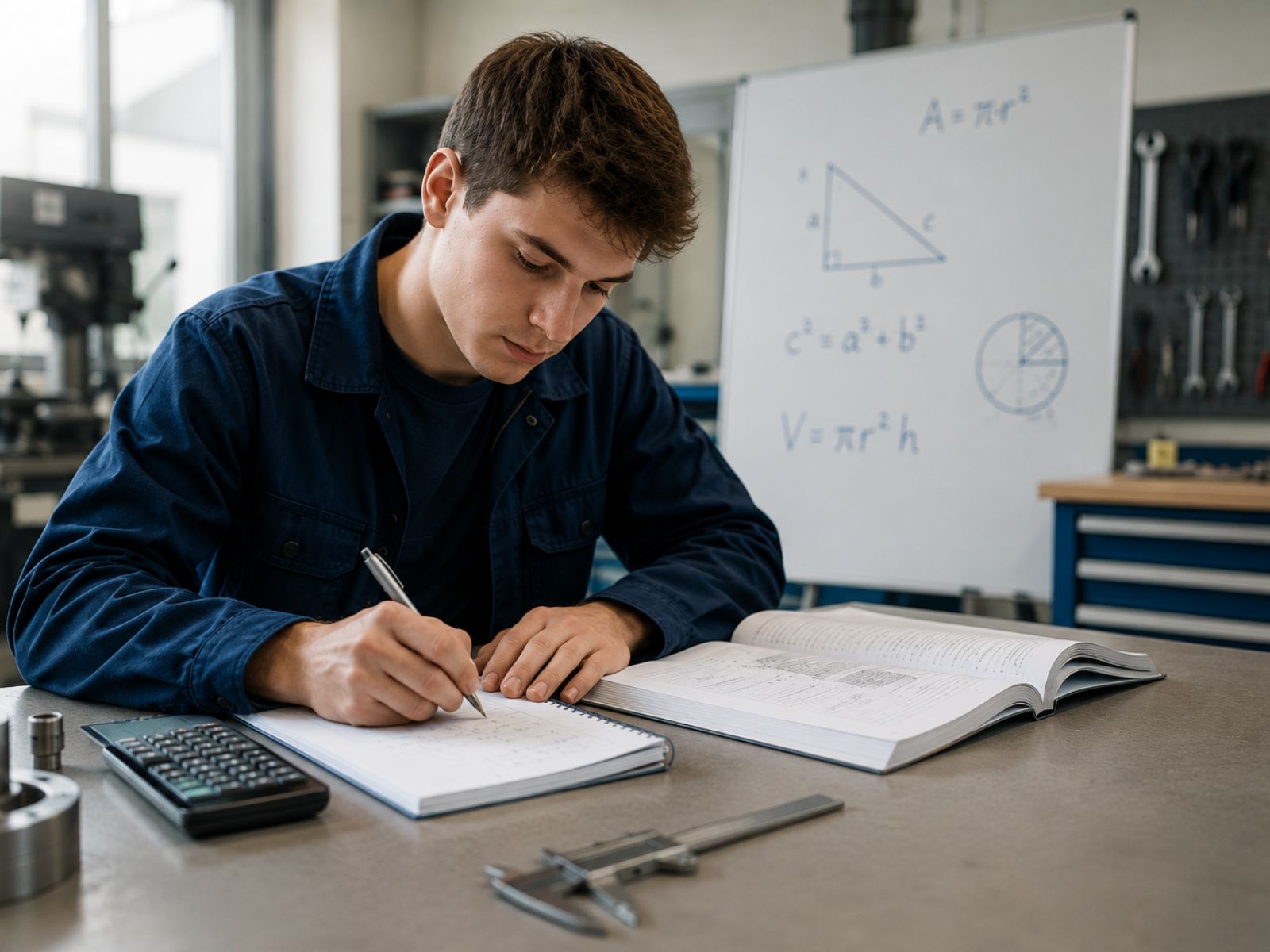 Auszubildender arbeitet an mathematischen Aufgaben in einer technischen Ausbildungsumgebung