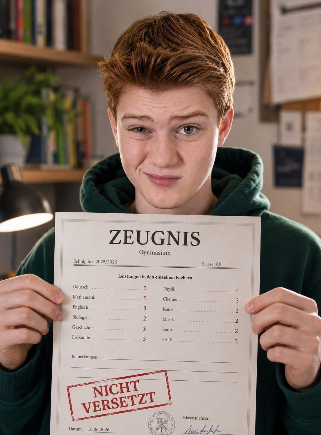 Schüler mit Zeugnis – nicht versetzt – Symbolbild für die Nachprüfung Mathematik 2026 der mathe-spezialist